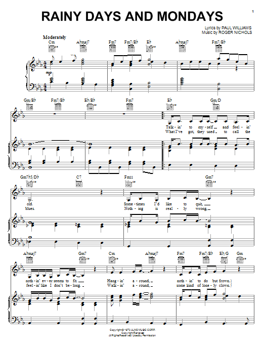 Learn to play Carpenters Rainy Days And Mondays sheet music for Piano, Vocal & Guitar (Right-Hand Melody) in minutes. Carpenters Rainy Days And Mondays sheet music notes and chords. Download Printable PDF.