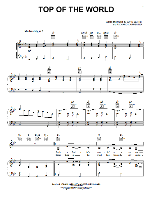 Learn to play Carpenters Top Of The World sheet music for Piano, Vocal & Guitar (Right-Hand Melody) in minutes. Carpenters Top Of The World sheet music notes and chords. Download Printable PDF.