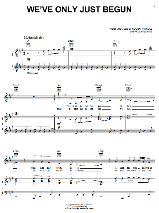Learn to play Carpenters We've Only Just Begun sheet music for Piano, Vocal & Guitar (Right-Hand Melody) in minutes. Carpenters We've Only Just Begun sheet music notes and chords. Download Printable PDF.