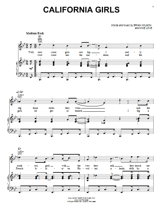 Learn to play The Beach Boys California Girls sheet music for Piano, Vocal & Guitar (Right-Hand Melody) in minutes. The Beach Boys California Girls sheet music notes and chords. Download Printable PDF.