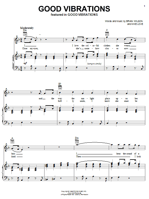 Learn to play The Beach Boys Good Vibrations sheet music for Piano, Vocal & Guitar (Right-Hand Melody) in minutes. The Beach Boys Good Vibrations sheet music notes and chords. Download Printable PDF.