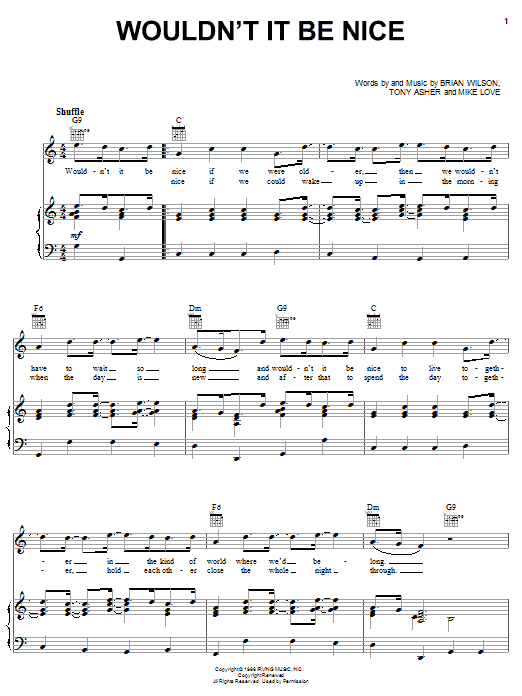 Learn to play The Beach Boys Wouldn't It Be Nice sheet music for Piano, Vocal & Guitar (Right-Hand Melody) in minutes. The Beach Boys Wouldn't It Be Nice sheet music notes and chords. Download Printable PDF.