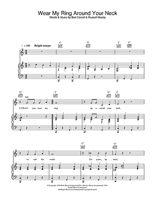Learn to play Elvis Presley Wear My Ring Around Your Neck sheet music for Piano, Vocal & Guitar (Right-Hand Melody) in minutes. Elvis Presley Wear My Ring Around Your Neck sheet music notes and chords. Download Printable PDF.