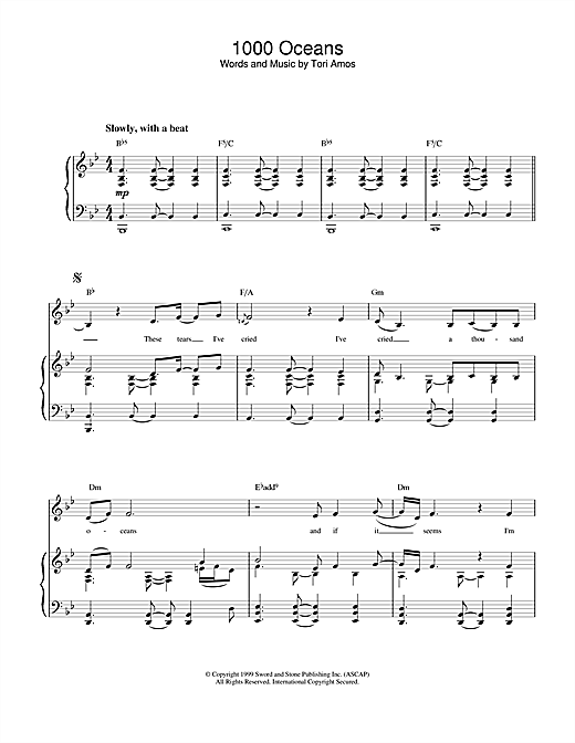 Learn to play Tori Amos 1000 Oceans sheet music for Piano, Vocal & Guitar (Right-Hand Melody) in minutes. Tori Amos 1000 Oceans sheet music notes and chords. Download Printable PDF.