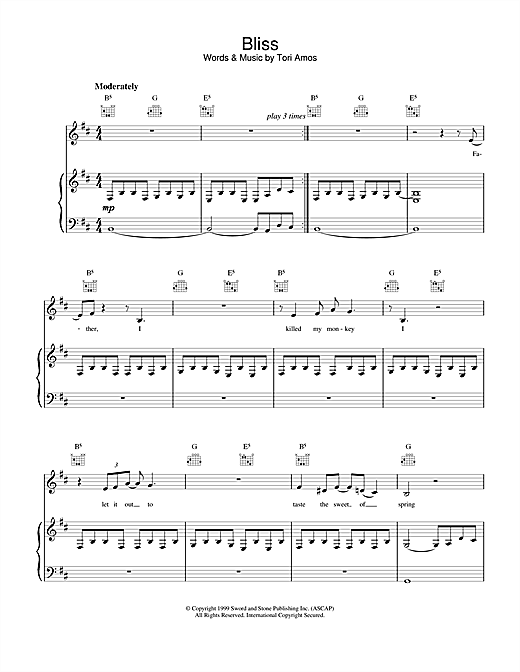Learn to play Tori Amos Bliss sheet music for Piano, Vocal & Guitar (Right-Hand Melody) in minutes. Tori Amos Bliss sheet music notes and chords. Download Printable PDF.