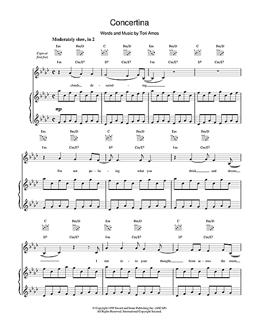 Learn to play Tori Amos Concertina sheet music for Piano, Vocal & Guitar (Right-Hand Melody) in minutes. Tori Amos Concertina sheet music notes and chords. Download Printable PDF.