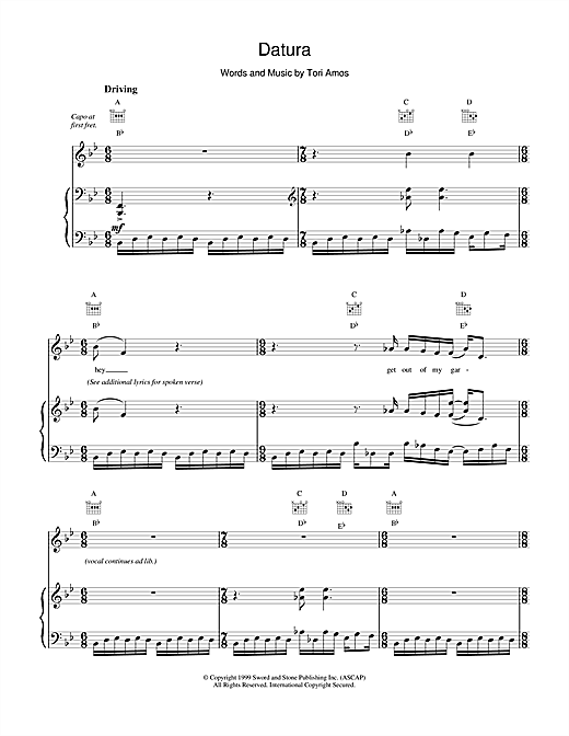 Learn to play Tori Amos Datura sheet music for Piano, Vocal & Guitar (Right-Hand Melody) in minutes. Tori Amos Datura sheet music notes and chords. Download Printable PDF.