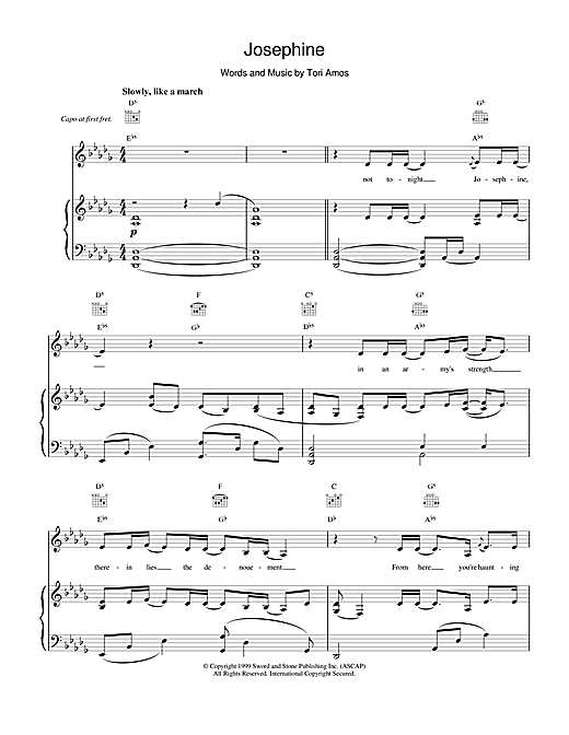 Learn to play Tori Amos Josephine sheet music for Piano, Vocal & Guitar (Right-Hand Melody) in minutes. Tori Amos Josephine sheet music notes and chords. Download Printable PDF.
