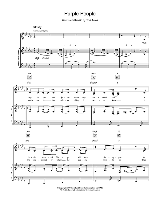 Learn to play Tori Amos Purple People sheet music for Piano, Vocal & Guitar (Right-Hand Melody) in minutes. Tori Amos Purple People sheet music notes and chords. Download Printable PDF.