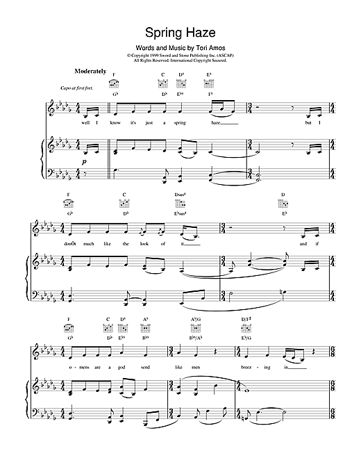 Learn to play Tori Amos Spring Haze sheet music for Piano, Vocal & Guitar (Right-Hand Melody) in minutes. Tori Amos Spring Haze sheet music notes and chords. Download Printable PDF.