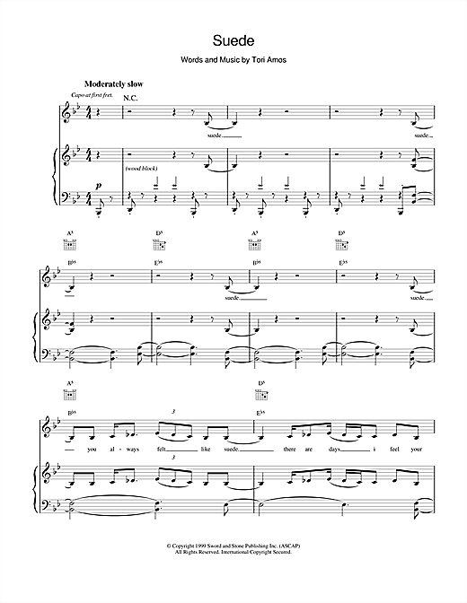 Learn to play Tori Amos Suede sheet music for Piano, Vocal & Guitar (Right-Hand Melody) in minutes. Tori Amos Suede sheet music notes and chords. Download Printable PDF.