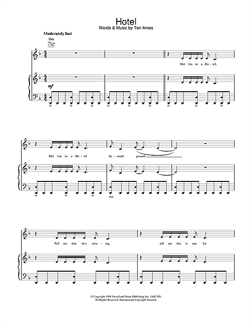 Learn to play Tori Amos Hotel sheet music for Piano, Vocal & Guitar (Right-Hand Melody) in minutes. Tori Amos Hotel sheet music notes and chords. Download Printable PDF.
