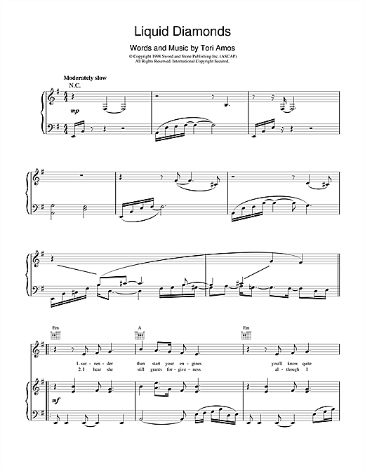 Learn to play Tori Amos Liquid Diamonds sheet music for Piano, Vocal & Guitar (Right-Hand Melody) in minutes. Tori Amos Liquid Diamonds sheet music notes and chords. Download Printable PDF.