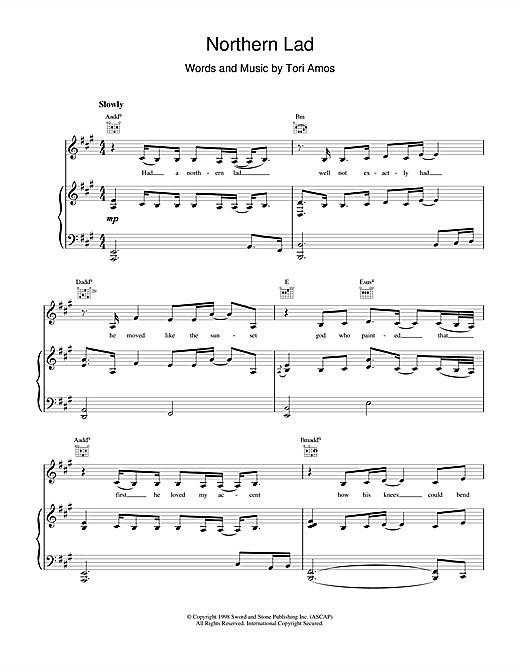 Learn to play Tori Amos Northern Lad sheet music for Piano, Vocal & Guitar (Right-Hand Melody) in minutes. Tori Amos Northern Lad sheet music notes and chords. Download Printable PDF.