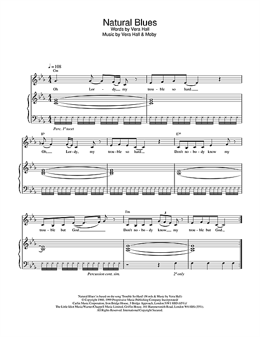Learn to play Moby Natural Blues sheet music for Piano, Vocal & Guitar in minutes. Moby Natural Blues sheet music notes and chords. Download Printable PDF.