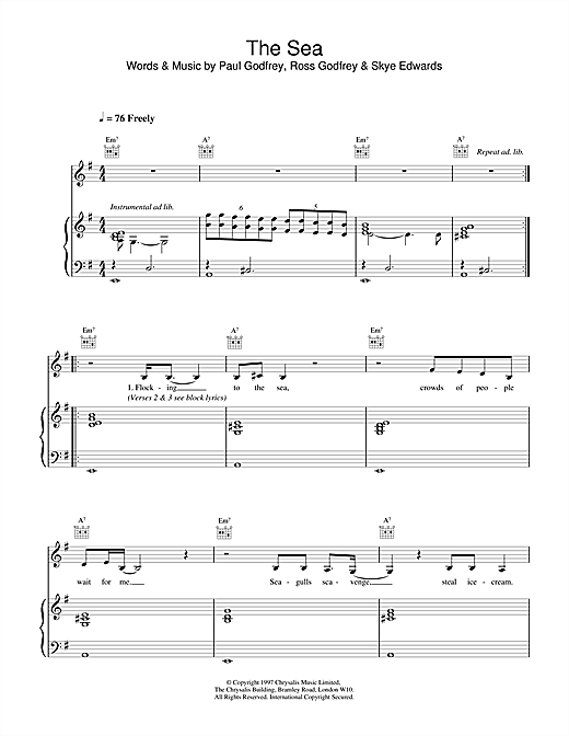Learn to play Morcheeba The Sea sheet music for Piano, Vocal & Guitar in minutes. Morcheeba The Sea sheet music notes and chords. Download Printable PDF.