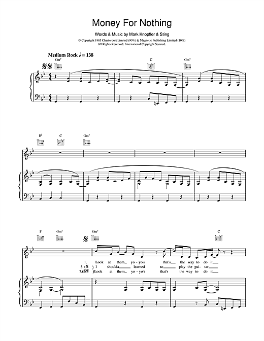 Learn to play Dire Straits Money For Nothing sheet music for Piano, Vocal & Guitar in minutes. Dire Straits Money For Nothing sheet music notes and chords. Download Printable PDF.