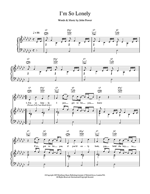 Learn to play Cast I'm So Lonely sheet music for Piano, Vocal & Guitar (Right-Hand Melody) in minutes. Cast I'm So Lonely sheet music notes and chords. Download Printable PDF.