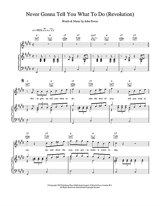 Learn to play Cast Never Gonna Tell You What To Do (Revolution) sheet music for Piano, Vocal & Guitar (Right-Hand Melody) in minutes. Cast Never Gonna Tell You What To Do (Revolution) sheet music notes and chords. Download Printable PDF.