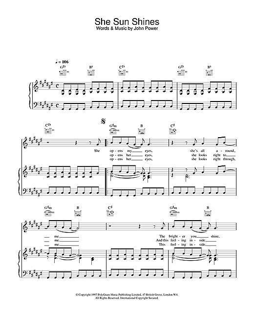 Learn to play Cast She Sun Shines sheet music for Piano, Vocal & Guitar (Right-Hand Melody) in minutes. Cast She Sun Shines sheet music notes and chords. Download Printable PDF.