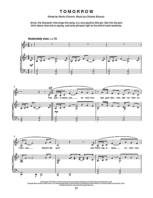 Learn to play Charles Strouse Tomorrow (from Annie) sheet music for Piano in minutes. Charles Strouse Tomorrow (from Annie) sheet music notes and chords. Download Printable PDF.