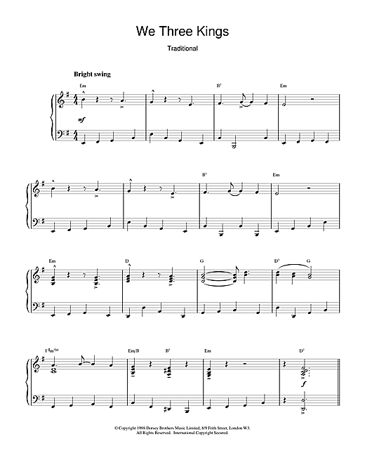 Learn to play Christmas Carol We Three Kings Of Orient Are (jazzy arrangement) sheet music for Piano in minutes. Christmas Carol We Three Kings Of Orient Are (jazzy arrangement) sheet music notes and chords. Download Printable PDF.