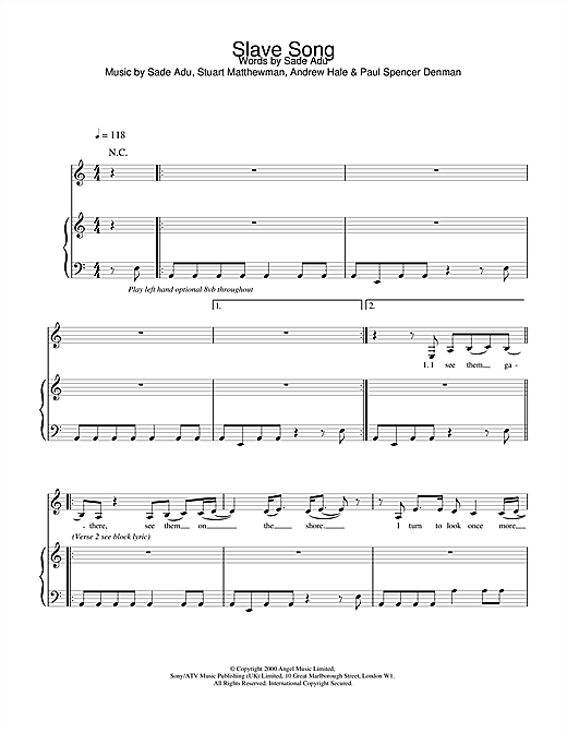 Learn to play Sade Slave Song sheet music for Piano, Vocal & Guitar in minutes. Sade Slave Song sheet music notes and chords. Download Printable PDF.