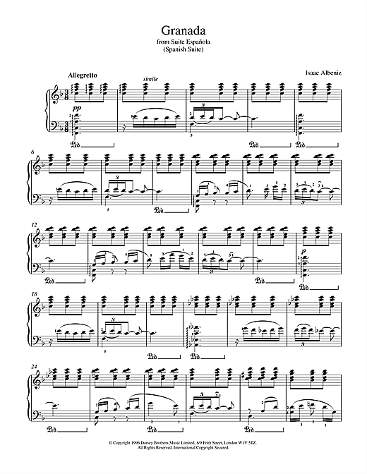 Learn to play Isaac Albeniz Granada From Suite Espanola sheet music for Piano in minutes. Isaac Albeniz Granada From Suite Espanola sheet music notes and chords. Download Printable PDF.
