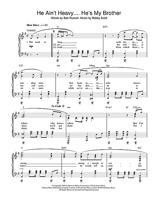 Learn to play The Hollies He Ain't Heavy, He's My Brother sheet music for Piano & Vocal in minutes. The Hollies He Ain't Heavy, He's My Brother sheet music notes and chords. Download Printable PDF.