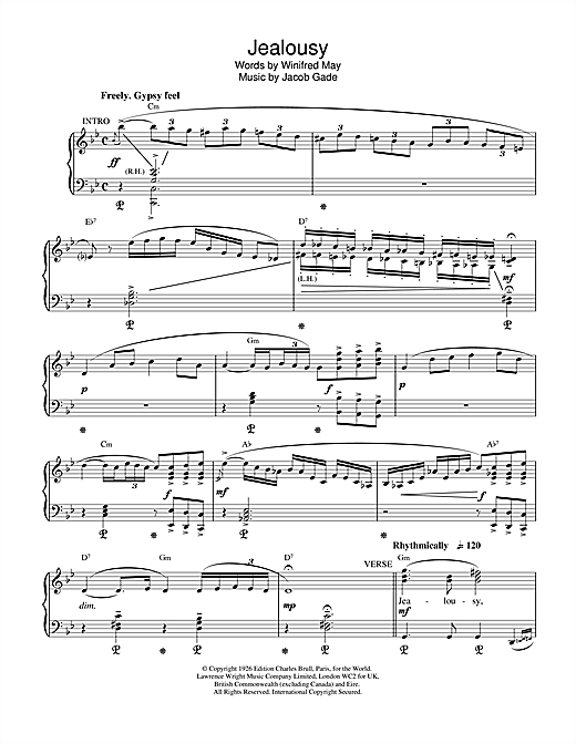 Learn to play Jacob Gade Jealousy sheet music for Piano, Vocal & Guitar (Right-Hand Melody) in minutes. Jacob Gade Jealousy sheet music notes and chords. Download Printable PDF.