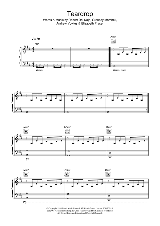Learn to play Massive Attack Teardrop sheet music for Piano, Vocal & Guitar in minutes. Massive Attack Teardrop sheet music notes and chords. Download Printable PDF.