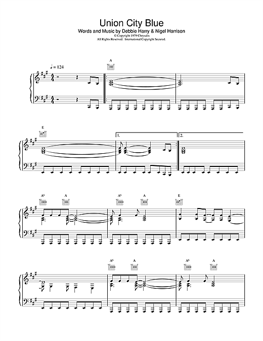 Learn to play Blondie Union City Blue sheet music for Piano, Vocal & Guitar (Right-Hand Melody) in minutes. Blondie Union City Blue sheet music notes and chords. Download Printable PDF.