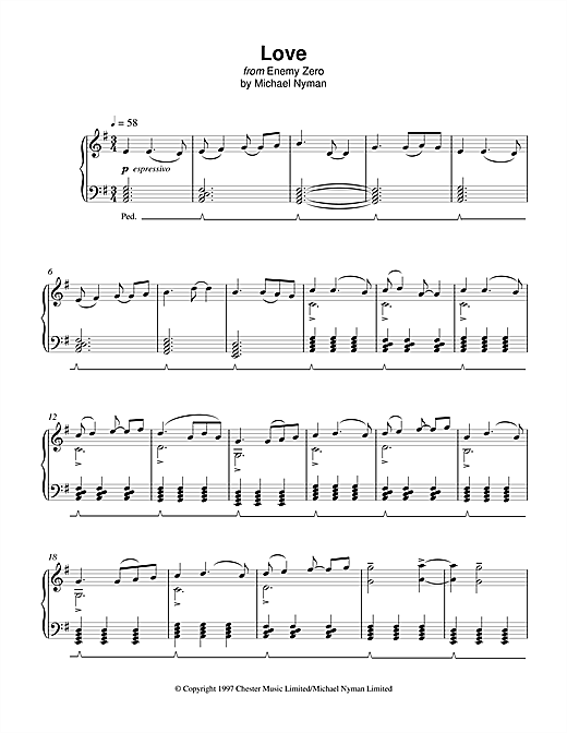 Learn to play Michael Nyman Love (from Enemy Zero) sheet music for Piano in minutes. Michael Nyman Love (from Enemy Zero) sheet music notes and chords. Download Printable PDF.