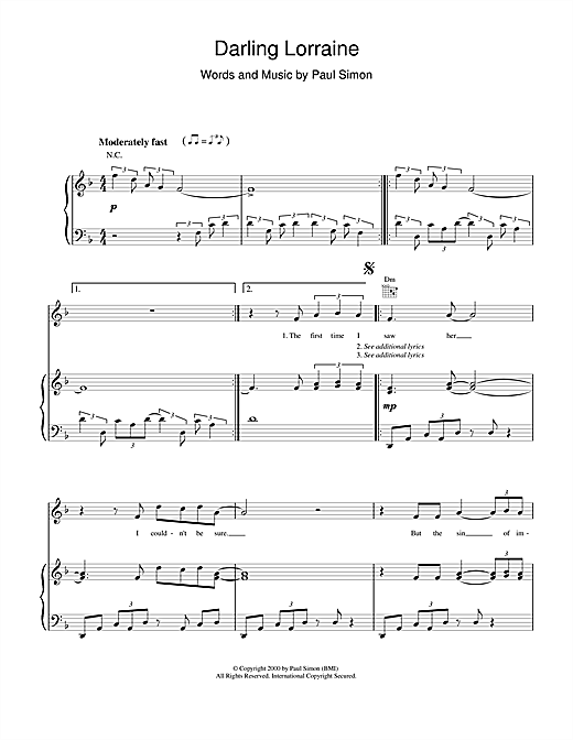 Learn to play Paul Simon Darling Lorraine sheet music for Piano, Vocal & Guitar (Right-Hand Melody) in minutes. Paul Simon Darling Lorraine sheet music notes and chords. Download Printable PDF.