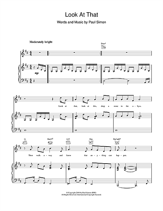 Learn to play Paul Simon Look At That sheet music for Piano, Vocal & Guitar (Right-Hand Melody) in minutes. Paul Simon Look At That sheet music notes and chords. Download Printable PDF.