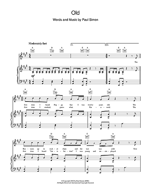 Learn to play Paul Simon Old sheet music for Piano, Vocal & Guitar (Right-Hand Melody) in minutes. Paul Simon Old sheet music notes and chords. Download Printable PDF.