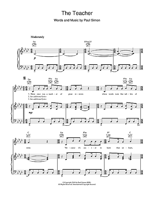 Learn to play Paul Simon The Teacher sheet music for Piano, Vocal & Guitar (Right-Hand Melody) in minutes. Paul Simon The Teacher sheet music notes and chords. Download Printable PDF.