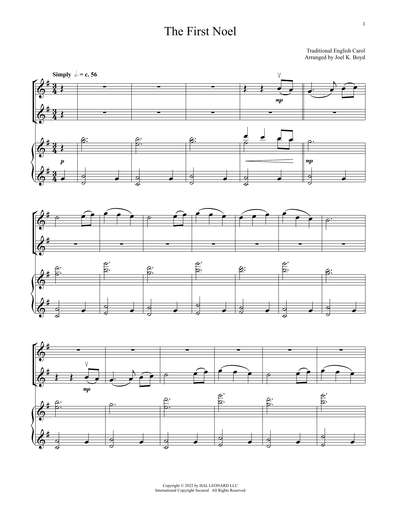 Download 17th Century English Carol The First Noel (for Violin Duet and Piano) Sheet Music and learn how to play Violin and Piano PDF digital score in minutes