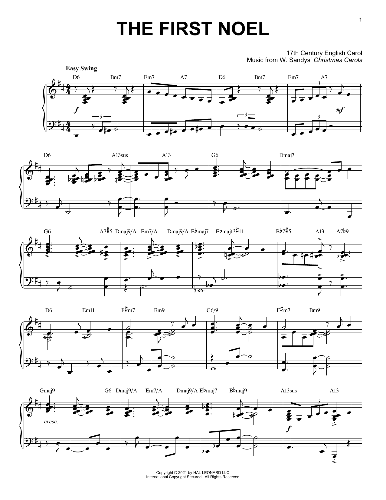 Download 17th Century English Carol The First Noel [Jazz version] (arr. Brent Edstrom) Sheet Music and learn how to play Piano Solo PDF digital score in minutes