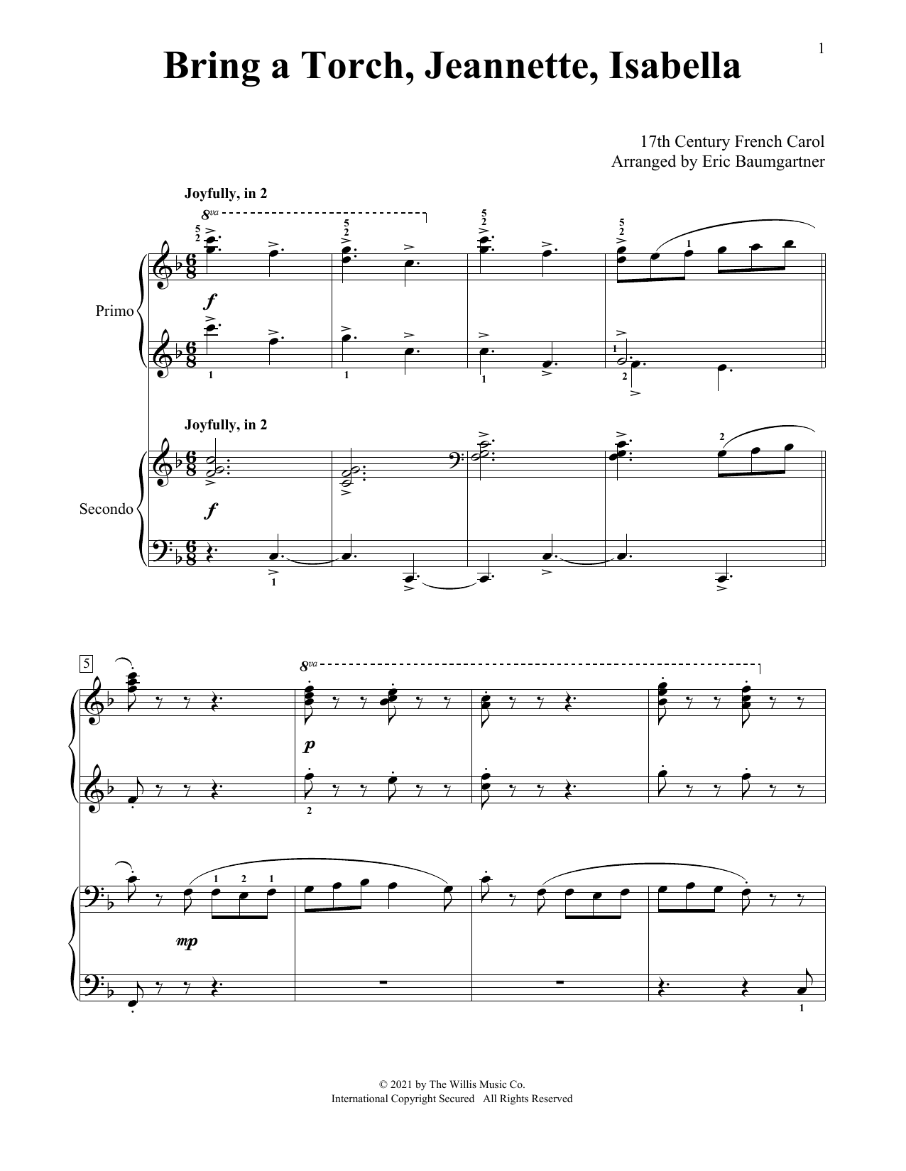 Download 17th Century French Carol Bring A Torch, Jeannette, Isabella (arr. Eric Baumgartner) Sheet Music and learn how to play Piano Duet PDF digital score in minutes