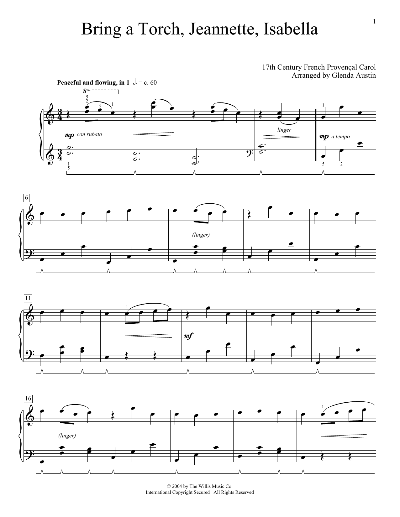 Download 17th Century French Carol Bring A Torch, Jeannette, Isabella (arr. Glenda Austin) Sheet Music and learn how to play Piano Solo PDF digital score in minutes