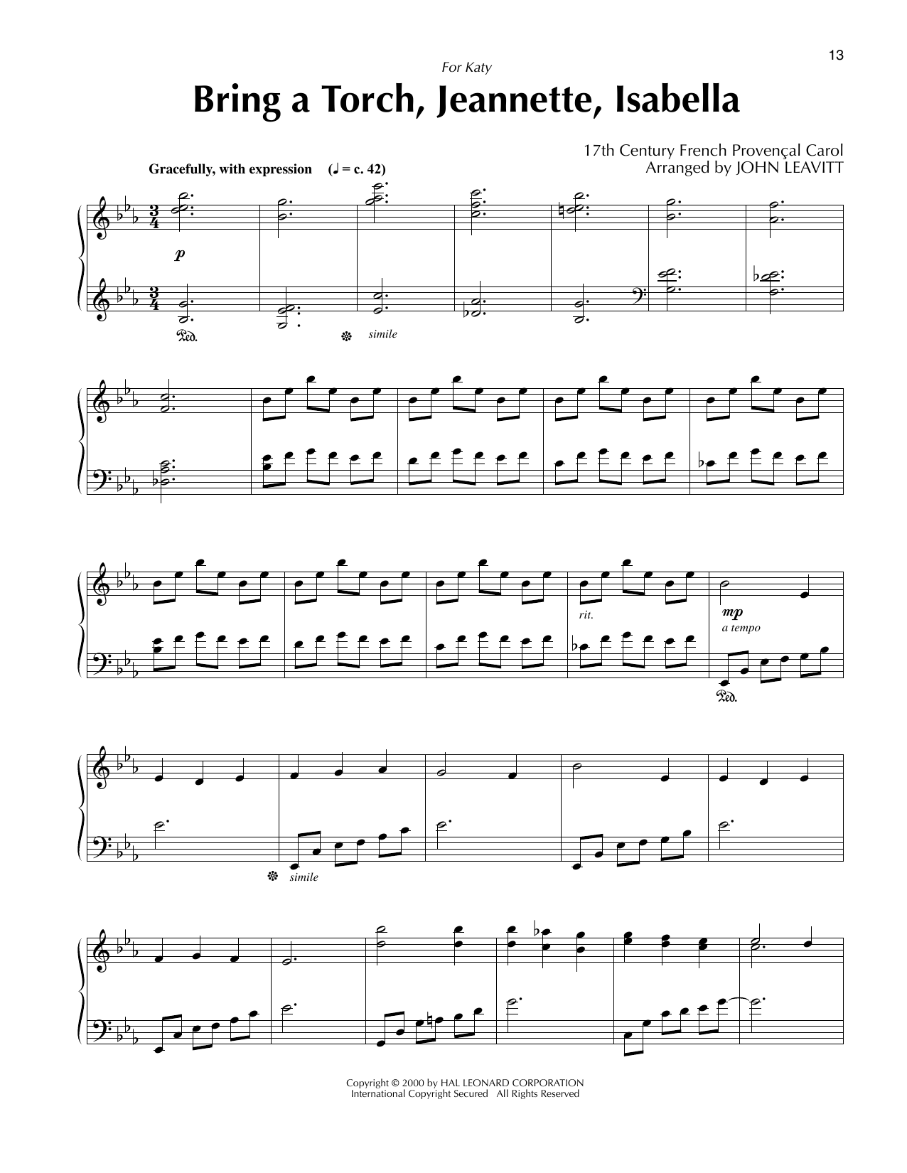 Download 17th Century French Carol Bring A Torch, Jeannette, Isabella (arr. John Leavitt) Sheet Music and learn how to play Piano Solo PDF digital score in minutes