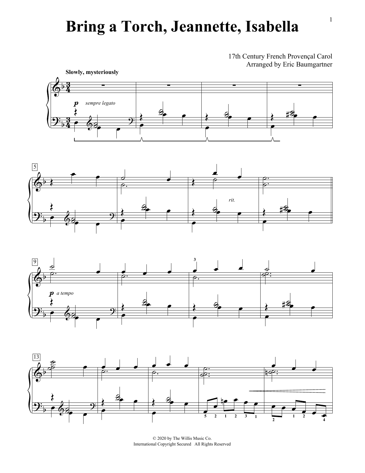 Download 17th Century French Carol Bring A Torch, Jeannette, Isabella [Jazz version] (arr. Eric Baumgartner) Sheet Music and learn how to play Educational Piano PDF digital score in minutes