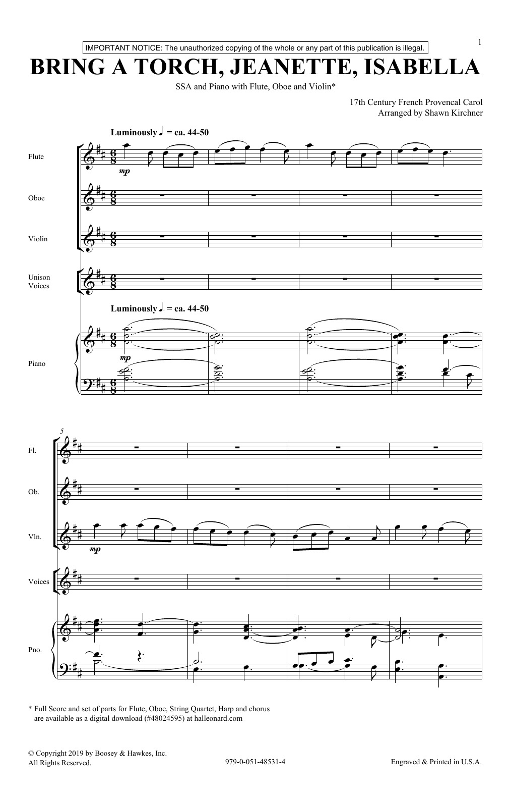 Download 17th Century French Provencal Bring A Torch, Jeannette, Isabella (arr. Shawn Kirchner) Sheet Music and learn how to play SSA Choir PDF digital score in minutes