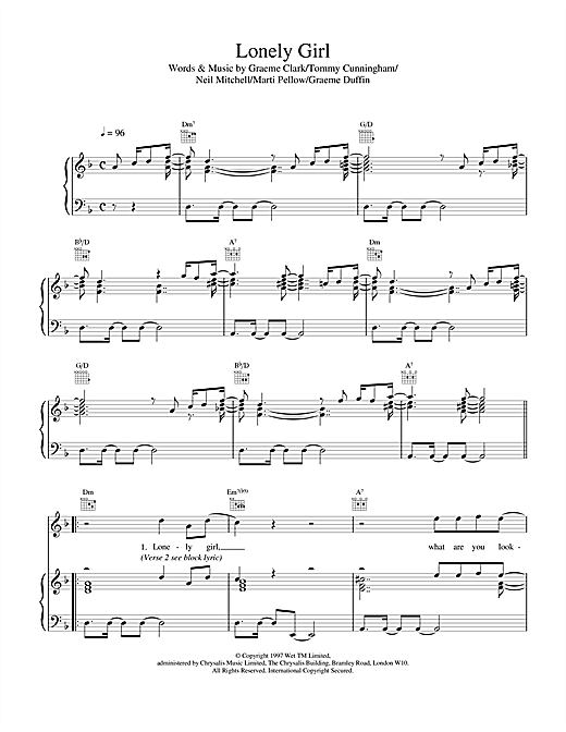 Learn to play Wet Wet Wet Lonely Girl sheet music for Piano, Vocal & Guitar (Right-Hand Melody) in minutes. Wet Wet Wet Lonely Girl sheet music notes and chords. Download Printable PDF.