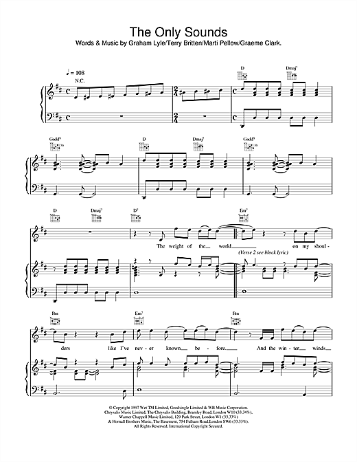 Learn to play Wet Wet Wet The Only Sounds sheet music for Piano, Vocal & Guitar (Right-Hand Melody) in minutes. Wet Wet Wet The Only Sounds sheet music notes and chords. Download Printable PDF.