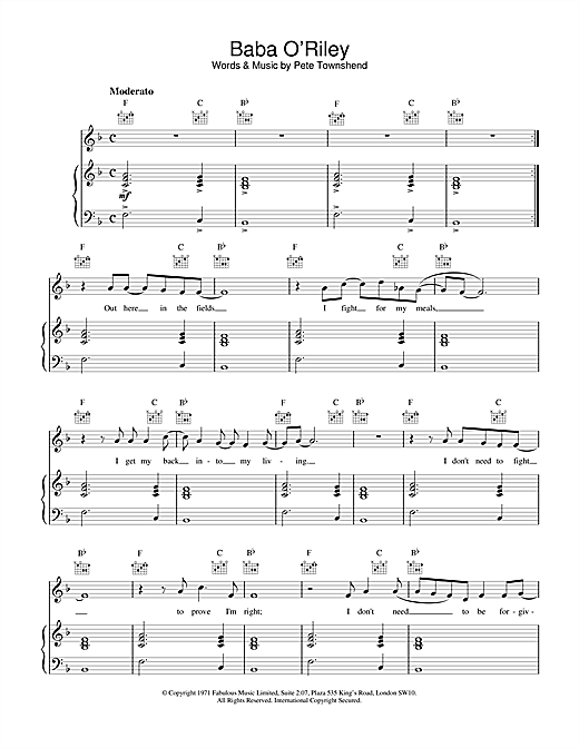 Learn to play The Who Baba O'Riley sheet music for Piano, Vocal & Guitar in minutes. The Who Baba O'Riley sheet music notes and chords. Download Printable PDF.