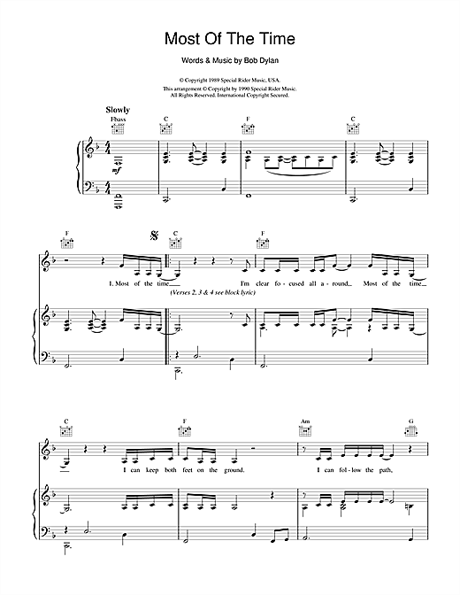 Learn to play Bob Dylan Most Of The Time (from High Fidelity) sheet music for Piano, Vocal & Guitar (Right-Hand Melody) in minutes. Bob Dylan Most Of The Time (from High Fidelity) sheet music notes and chords. Download Printable PDF.