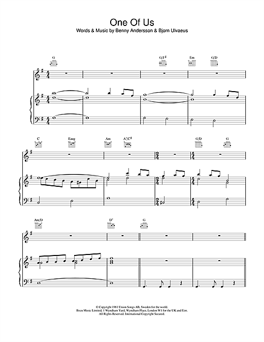 Learn to play ABBA One Of Us sheet music for Piano, Vocal & Guitar (Right-Hand Melody) in minutes. ABBA One Of Us sheet music notes and chords. Download Printable PDF.