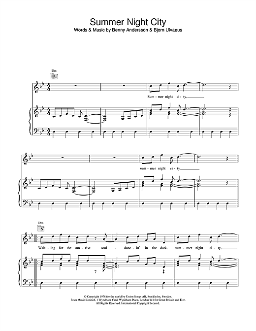 Learn to play ABBA Summer Night City sheet music for Piano, Vocal & Guitar (Right-Hand Melody) in minutes. ABBA Summer Night City sheet music notes and chords. Download Printable PDF.